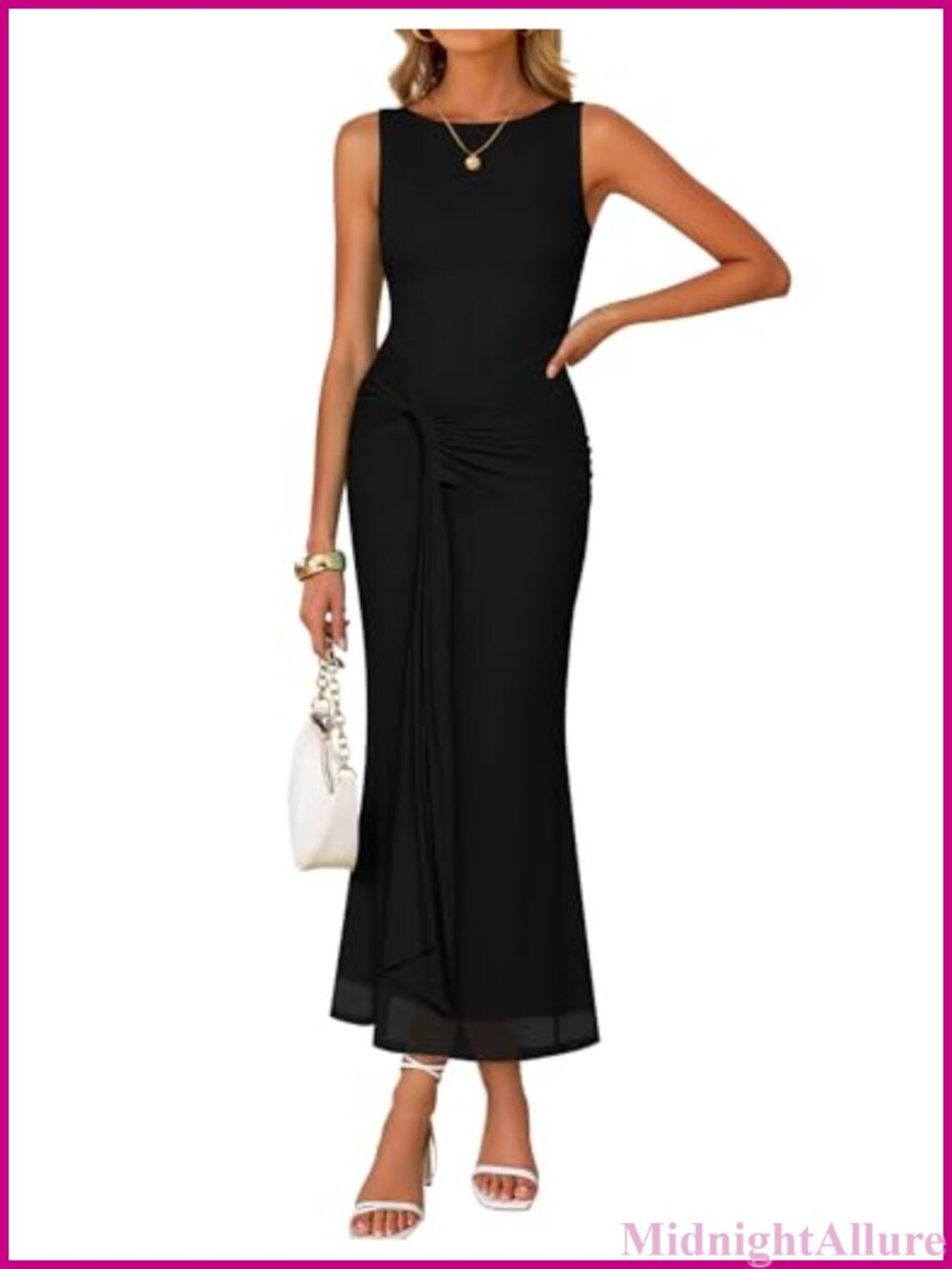 Sleeveless Bodycon Mesh Maxi Dress Ruched Belt Wedding Guest Cocktail